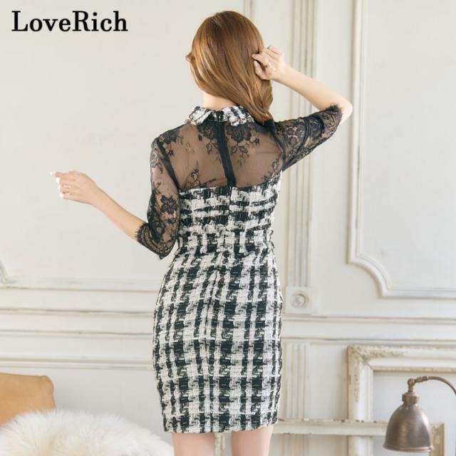 LoveRich ラブリッチ 【SMLサイズ】ツイード チェーン 襟 レース チェック柄 袖あり 谷間魅せ タイト ミニドレス キャバドレス [1236]_6