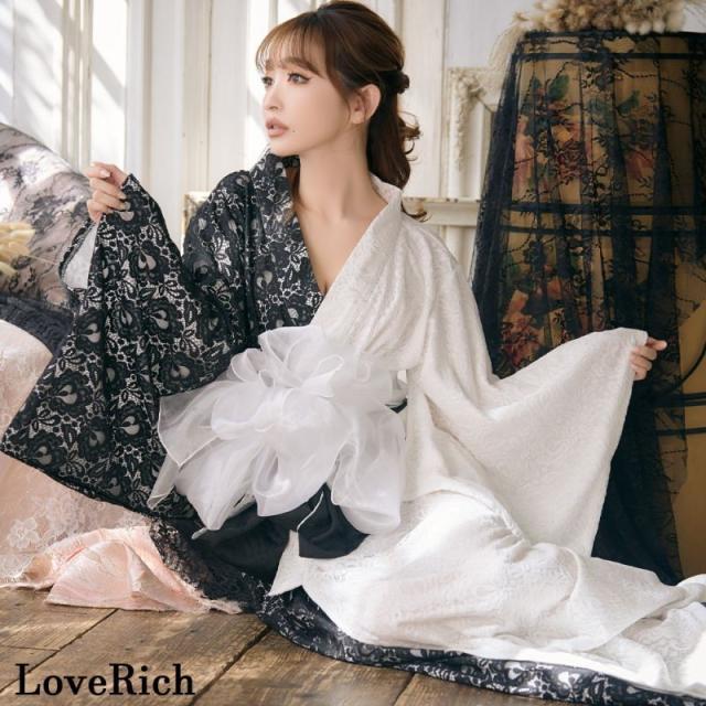 LoveRich ラブリッチ バイカラー 総レース ロング ふんわり帯 オフショル 美胸 美脚 豪華 帯 花魁 着物 ドレス コスプレ イベント ハロウィン [1251]