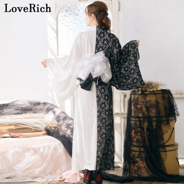 LoveRich ラブリッチ バイカラー 総レース ロング ふんわり帯 オフショル 美胸 美脚 豪華 帯 花魁 着物 ドレス コスプレ イベント ハロウィン [1251]_9