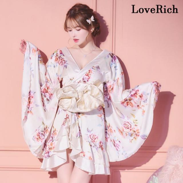 LoveRich ラブリッチ 【4カラー】 花柄 ミニ フリル オフショル 豪華 帯 リボン 花魁 着物 ドレス コスプレ イベント ハロウィン [1273]_1