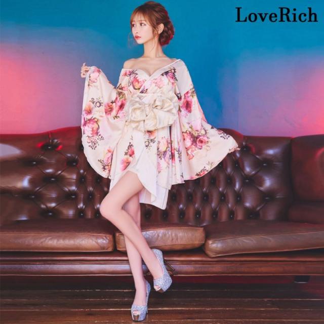LoveRich ラブリッチ 【SMLサイズ/3カラー/2点セット】花柄 オフショル ミニ 豪華 帯 花魁 着物 ドレス コスプレ イベント ハロウィン キャバドレス [1274]_1