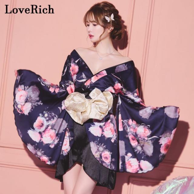 LoveRich ラブリッチ 【SMLサイズ/3カラー/2点セット】花柄 オフショル ミニ 豪華 帯 花魁 着物 ドレス コスプレ イベント ハロウィン キャバドレス [1274]_3