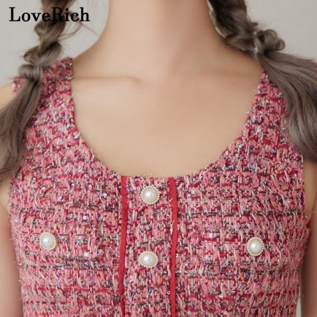 LoveRich ラブリッチ 【SMLサイズ】ツイード セットアップ ノースリーブ スリット 背中隠し ボタン タイト ミニドレス キャバドレス [1293]_5