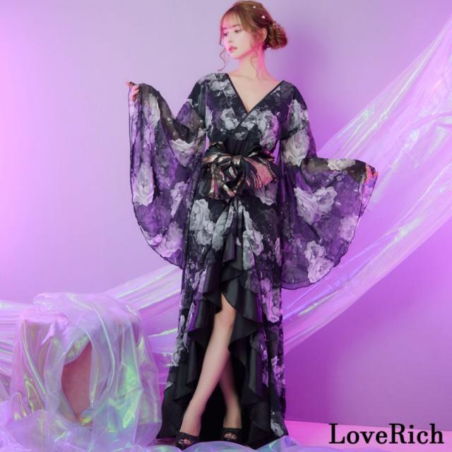 LoveRich ラブリッチ 【高級ライン】【2点セット】フリル 花柄 シフォン ロング 豪華 帯 花魁 着物 ドレス コスプレ ハロウィン キャバドレス [1315] LoveRich ラブリッチ 【高級ライン】【2点セット】フリル 花柄