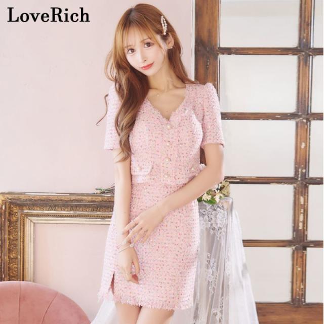 LoveRich ラブリッチ 【SMLサイズ/2カラー】ツイード セットアップ 袖付き スリット パール スパンコール 背中隠し 谷間魅せ ミニドレス キャバドレス [1264]_1