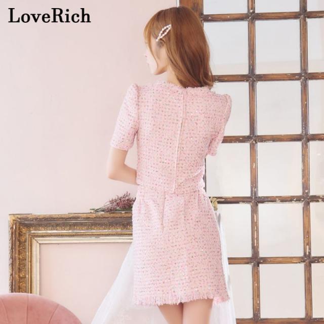 LoveRich ラブリッチ 【SMLサイズ/2カラー】ツイード セットアップ 袖付き スリット パール スパンコール 背中隠し 谷間魅せ ミニドレス キャバドレス [1264]_9
