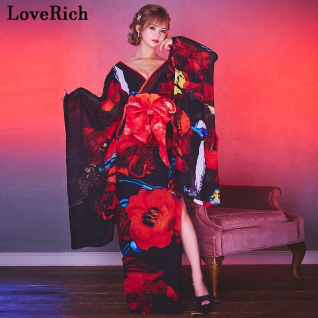LoveRich ラブリッチ 【高級ライン】【2カラー/2点セット】花柄 セクシー 深めスリット 美脚 オフショル 美胸 ロング丈 花魁 着物 ドレス コスプレ [1281]