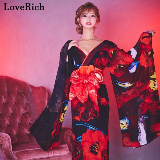 LoveRich ラブリッチ 【高級ライン】【2カラー/2点セット】花柄 セクシー 深めスリット 美脚 オフショル 美胸 ロング丈 花魁 着物 ドレス コスプレ [1281]