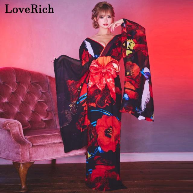 LoveRich ラブリッチ 【高級ライン】【2カラー/2点セット】花柄 セクシー 深めスリット 美脚 オフショル 美胸 ロング丈 花魁 着物 ドレス コスプレ [1281]