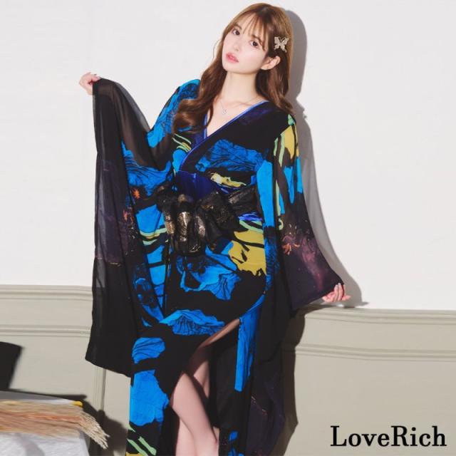 LoveRich ラブリッチ 【高級ライン】【2カラー/2点セット】花柄 セクシー 深めスリット 美脚 オフショル 美胸 ロング丈 花魁 着物 ドレス コスプレ [1281]