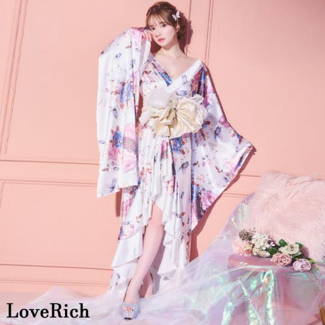 LoveRich ラブリッチ 【高級ライン】【2カラー/2点セット】蝶々柄 フリル 花柄 ロング 豪華 帯 花魁 着物 ドレス コスプレ ハロウィン キャバドレス [1283]_2