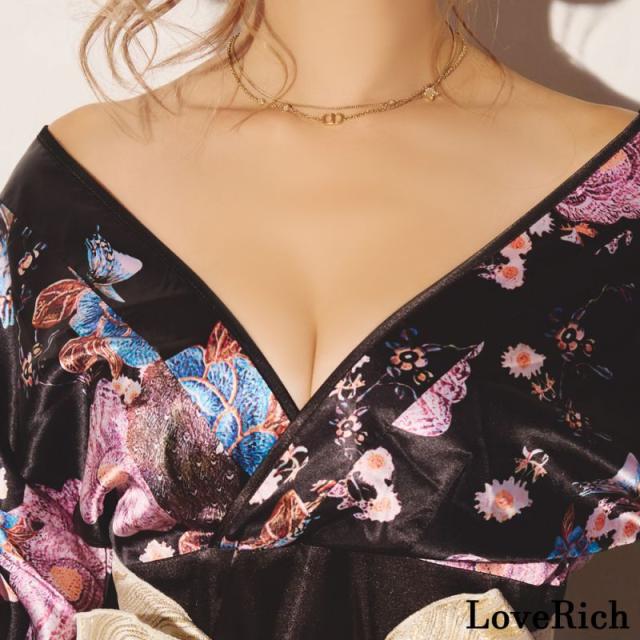 LoveRich ラブリッチ 【高級ライン】【2カラー/2点セット】蝶々柄 フリル 花柄 ロング 豪華 帯 花魁 着物 ドレス コスプレ ハロウィン キャバドレス [1283]_8