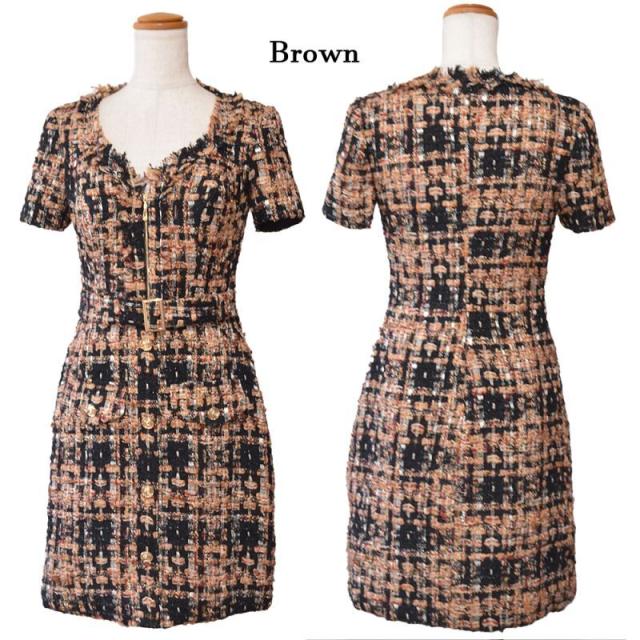 LoveRich ラブリッチ 【SMLサイズ/2カラー】ツイード ジップ 袖付き 背中隠し ベルト風 ボタン タイト ミニドレス キャバドレス [1285] LoveRich ラブリッチ 【SMLサイズ/2カラー】ツイード ジップ 袖付き