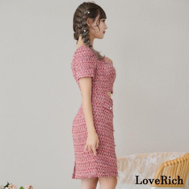 LoveRich ラブリッチ 【SMLサイズ】ツイード ジップ 袖あり 背中隠し 肌魅せ ボタン タイト ミニドレス キャバドレス [1303]_4