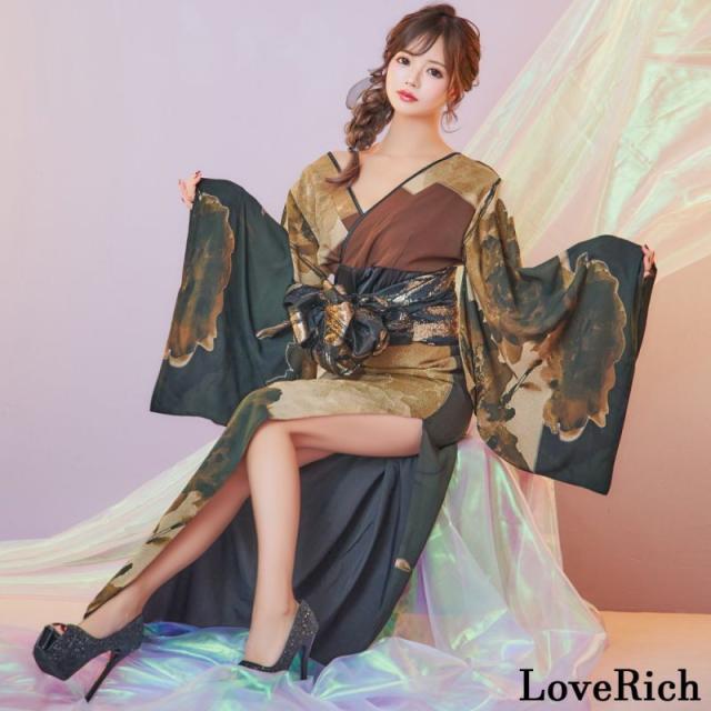 LoveRich ラブリッチ 【高級ライン】【2点セット】シフォン スリット オフショル 花柄 豪華 帯 花魁 着物 ドレス コスプレ イベント ハロウィン[1311]