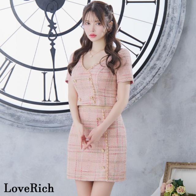 LoveRich ラブリッチ 【SMLサイズ/2カラー】ツイード セットアップ チェーン チェック柄 袖あり 背中隠し 谷間魅せ タイト ミニドレス キャバドレス [1316]_2