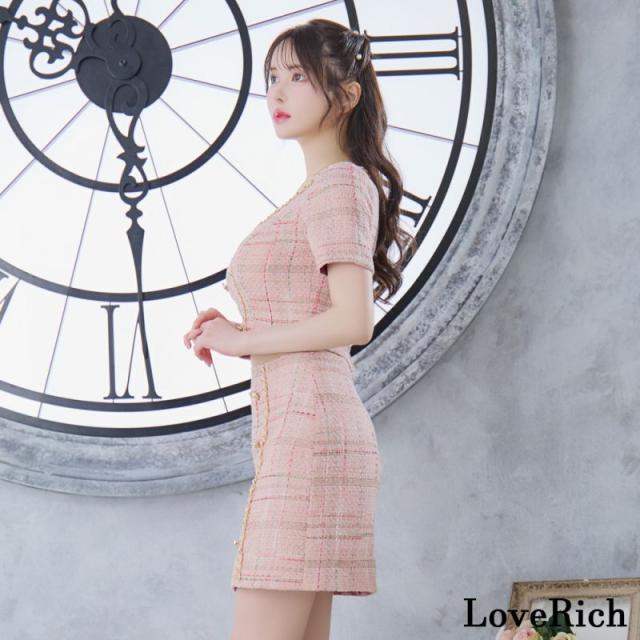 LoveRich ラブリッチ 【SMLサイズ/2カラー】ツイード セットアップ チェーン チェック柄 袖あり 背中隠し 谷間魅せ タイト ミニドレス キャバドレス [1316]_4