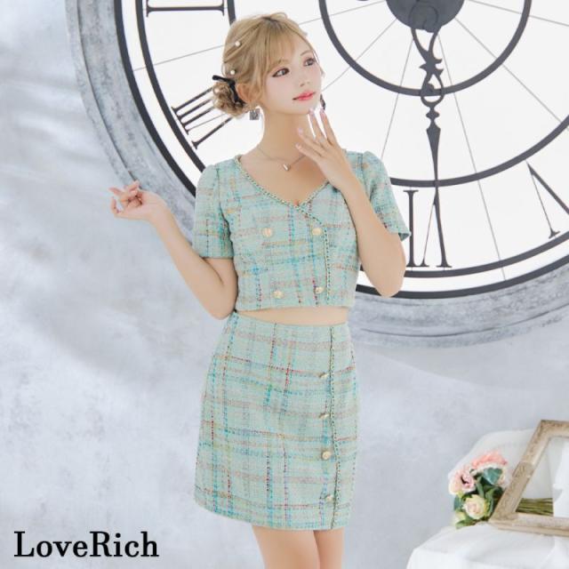 LoveRich ラブリッチ 【SMLサイズ/2カラー】ツイード セットアップ チェーン チェック柄 袖あり 背中隠し 谷間魅せ タイト ミニドレス キャバドレス [1316]_5