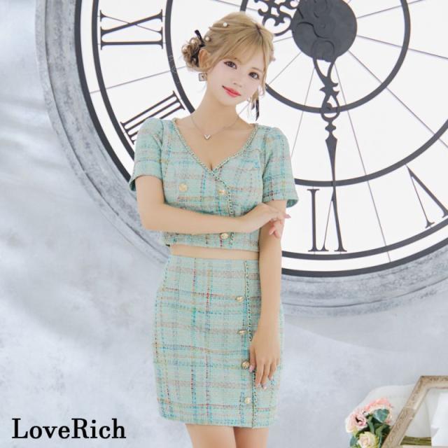 LoveRich ラブリッチ 【SMLサイズ/2カラー】ツイード セットアップ チェーン チェック柄 袖あり 背中隠し 谷間魅せ タイト ミニドレス キャバドレス [1316]_6