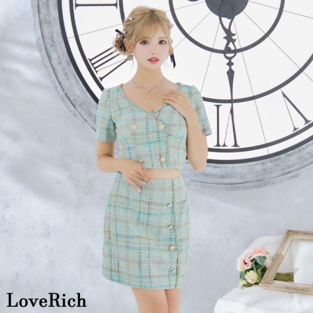 LoveRich ラブリッチ 【SMLサイズ/2カラー】ツイード セットアップ チェーン チェック柄 袖あり 背中隠し 谷間魅せ タイト ミニドレス キャバドレス [1316]_7