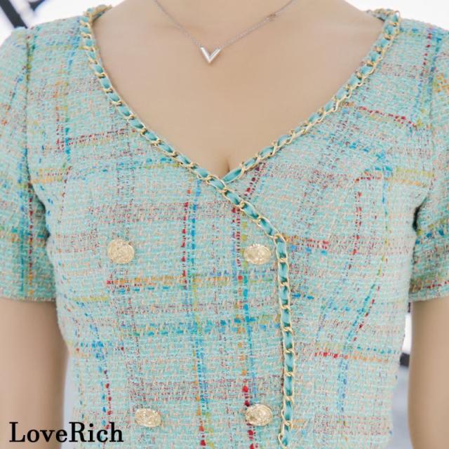 LoveRich ラブリッチ 【SMLサイズ/2カラー】ツイード セットアップ チェーン チェック柄 袖あり 背中隠し 谷間魅せ タイト ミニドレス キャバドレス [1316]_9