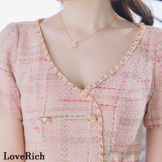 LoveRich ラブリッチ 【SMLサイズ/2カラー】ツイード セットアップ チェーン チェック柄 袖あり 背中隠し 谷間魅せ タイト ミニドレス キャバドレス [1316]_10