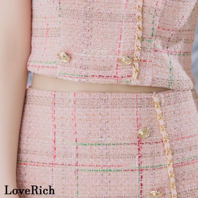LoveRich ラブリッチ 【SMLサイズ/2カラー】ツイード セットアップ チェーン チェック柄 袖あり 背中隠し 谷間魅せ タイト ミニドレス キャバドレス [1316]_11