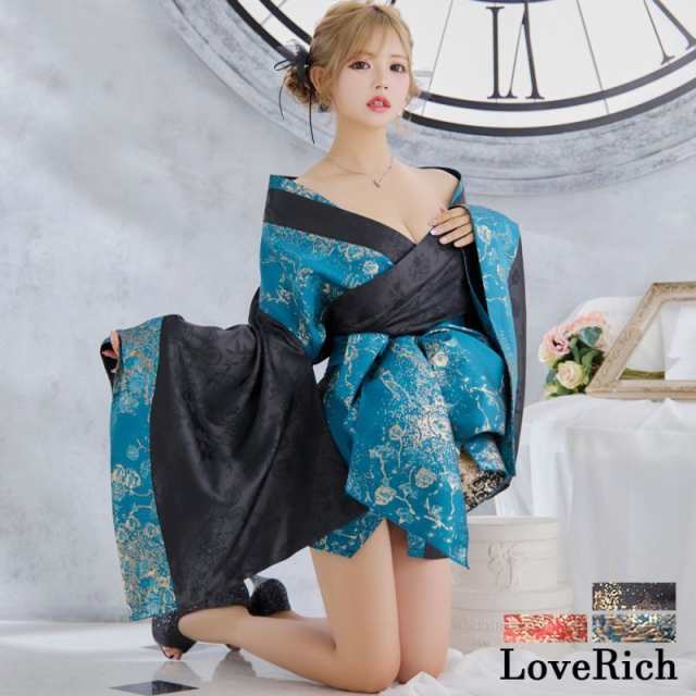LoveRich ラブリッチ 【3カラー/2点セット】和柄 花柄 オフショル ミニ 豪華 帯 リボン 花魁 着物 ドレス コスプレ イベント ハロウィン [1318]