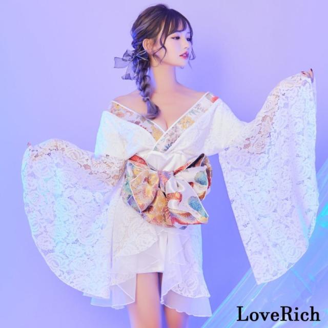 LoveRich ラブリッチ 【2点セット】鶴柄 レース フリル オーガンジー 和柄 花柄 ミニ 豪華 帯 花魁 着物 ドレス コスプレ ハロウィン キャバドレス [1320]_1