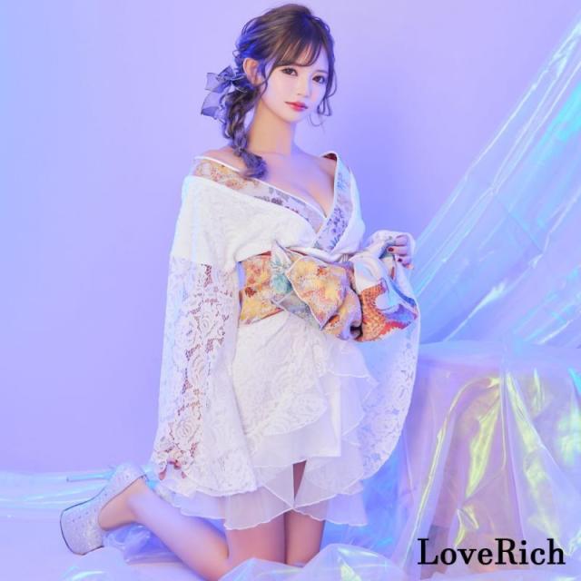 LoveRich ラブリッチ 【2点セット】鶴柄 レース フリル オーガンジー 和柄 花柄 ミニ 豪華 帯 花魁 着物 ドレス コスプレ ハロウィン キャバドレス [1320]_2