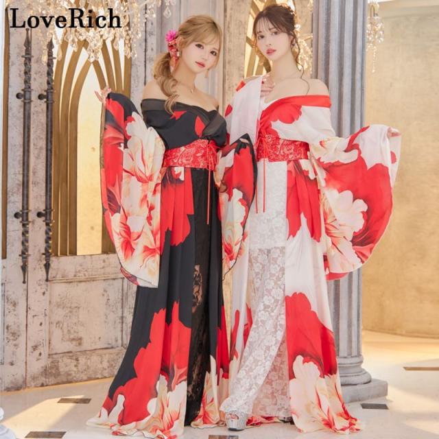 LoveRich ラブリッチ 【高級ライン】【2点セット】シフォン 花柄 レース コルセット風 レースアップ 大きな帯リボン ロング 豪華 花魁 着物 ドレス [1340]