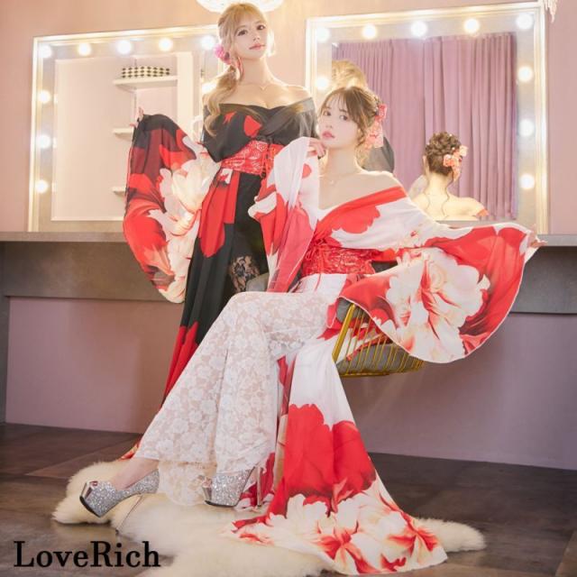 LoveRich ラブリッチ 【高級ライン】【2点セット】シフォン 花柄 レース コルセット風 レースアップ 大きな帯リボン ロング 豪華 花魁 着物 ドレス [1340]_1