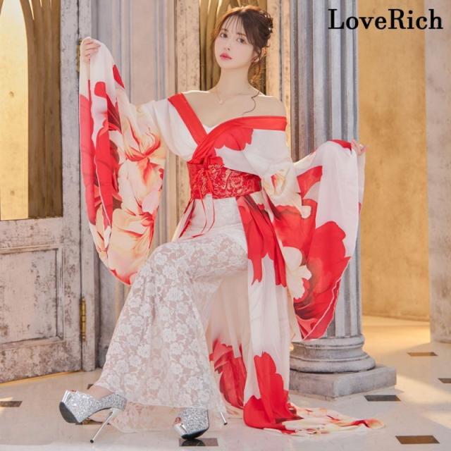 LoveRich ラブリッチ 【高級ライン】【2点セット】シフォン 花柄 レース コルセット風 レースアップ 大きな帯リボン ロング 豪華 花魁 着物 ドレス [1340]_2