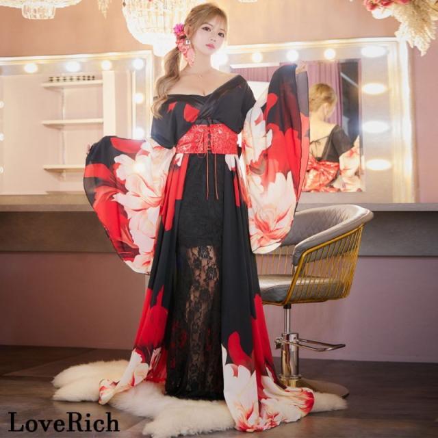 LoveRich ラブリッチ 【高級ライン】【2点セット】シフォン 花柄 レース コルセット風 レースアップ 大きな帯リボン ロング 豪華 花魁 着物 ドレス [1340]_6