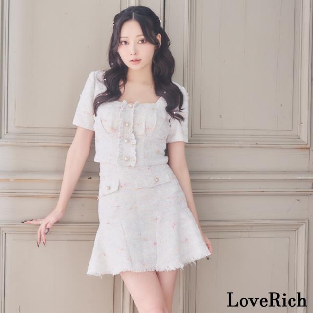 LoveRich ラブリッチ 【SMLサイズ/2カラー】ツイード 半袖 スクエアネック マーメイド フレア パールボタン ミニドレス キャバドレス [1345]_4