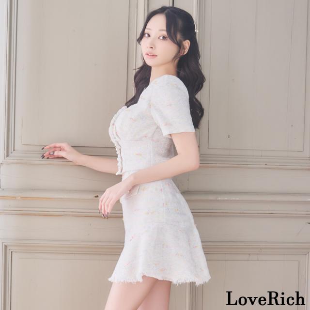 LoveRich ラブリッチ 【SMLサイズ/2カラー】ツイード 半袖 スクエアネック マーメイド フレア パールボタン ミニドレス キャバドレス [1345]_11