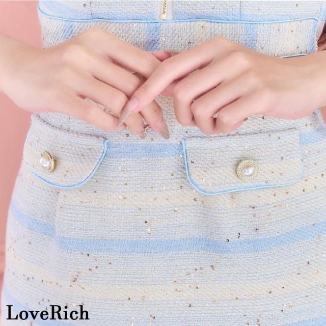 LoveRich ラブリッチ 【SMLサイズ/2カラー】ボーダー ツイード 半袖 スクエアネック ファスナー パールボタン タイト ミニドレス キャバドレス [1356]_11
