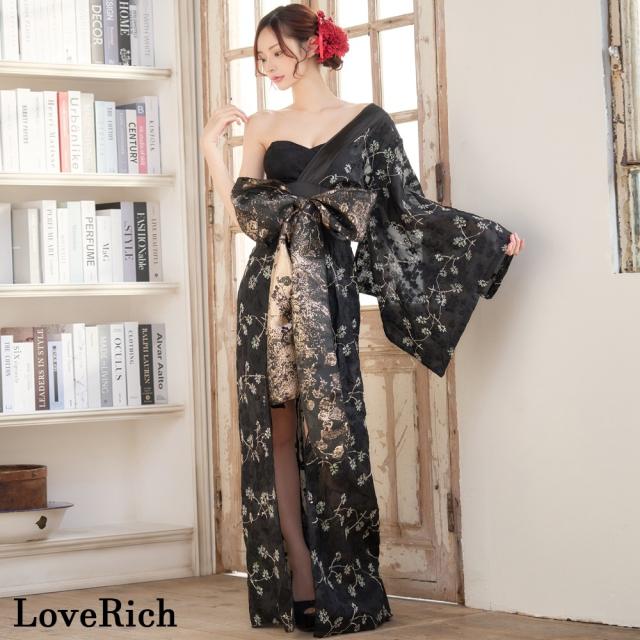 LoveRich ラブリッチ 【高級ライン】【2カラー/2点セット】ワンショル アシンメトリー 花柄 レース ロングinミニスカート 豪華 帯 花魁 着物 ドレス [1364]_3