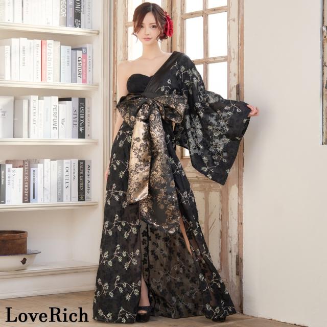 LoveRich ラブリッチ 【高級ライン】【2カラー/2点セット】ワンショル アシンメトリー 花柄 レース ロングinミニスカート 豪華 帯 花魁 着物 ドレス [1364]_4