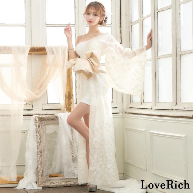 LoveRich ラブリッチ 【高級ライン】【2カラー/2点セット】ワンショル アシンメトリー 花柄 レース ロングinミニスカート 豪華 帯 花魁 着物 ドレス [1364]_6