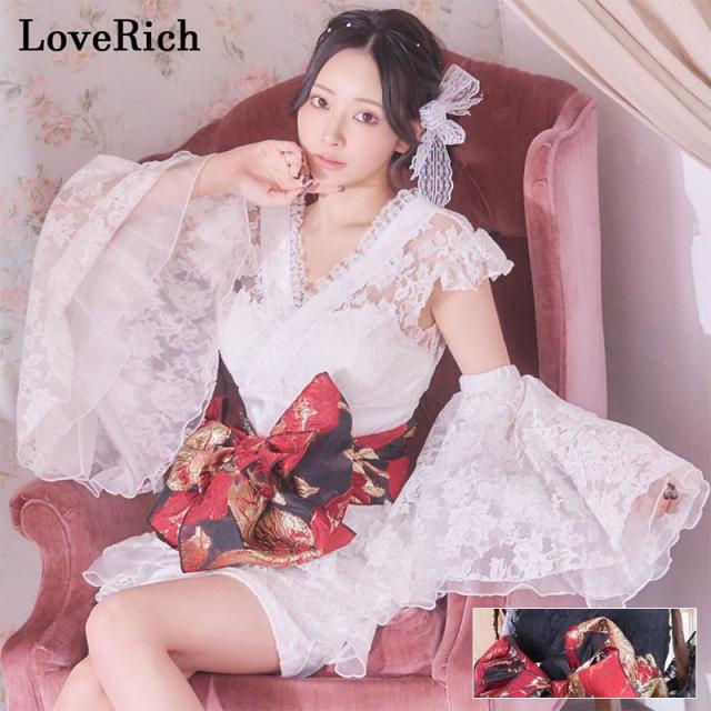 LoveRich ラブリッチ 【高級ライン】【2カラー/3点セット】花柄レース フレアスリーブ ミニスカート ロング 豪華 花魁 着物 ドレス コスプレ イベント [1366]