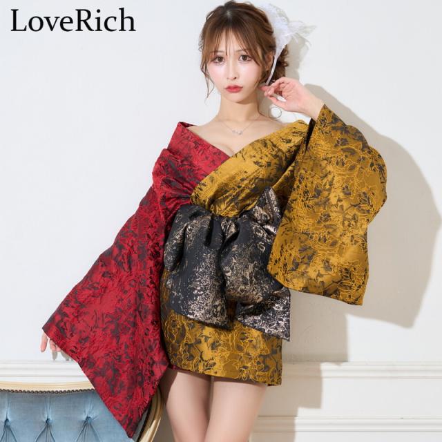 LoveRich ラブリッチ 【2点セット】バイカラー 和柄 オフショル ミニ 豪華 帯 リボン 花魁 着物 ドレス コスプレ イベント ハロウィン [1376]_1