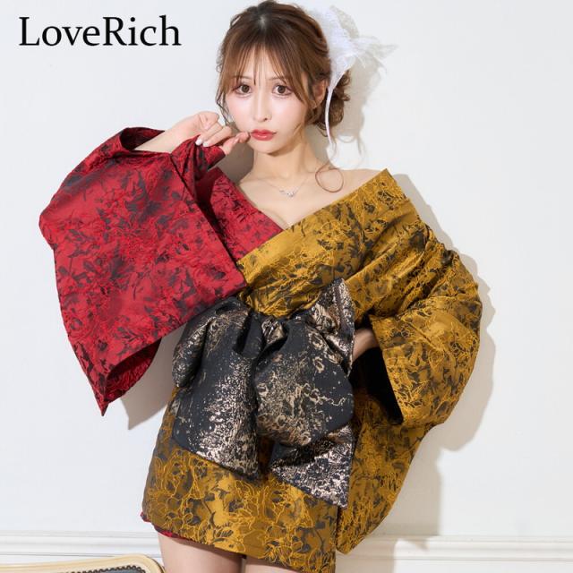 LoveRich ラブリッチ 【2点セット】バイカラー 和柄 オフショル ミニ 豪華 帯 リボン 花魁 着物 ドレス コスプレ イベント ハロウィン [1376]_2
