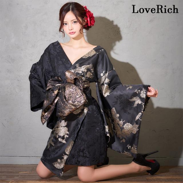 LoveRich ラブリッチ 【2点セット】和柄 鶴柄 花柄アシンメトリー ミニ 豪華 帯 花魁 着物 ドレス コスプレ ハロウィン キャバドレス [1377]