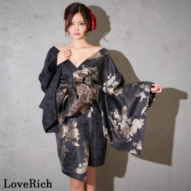 LoveRich ラブリッチ 【2点セット】和柄 鶴柄 花柄アシンメトリー ミニ 豪華 帯 花魁 着物 ドレス コスプレ ハロウィン キャバドレス [1377]_1