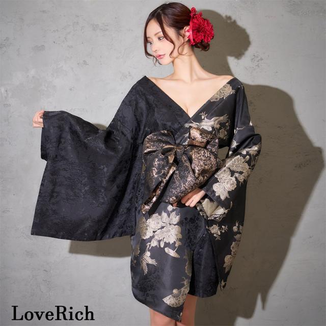 LoveRich ラブリッチ 【2点セット】和柄 鶴柄 花柄アシンメトリー ミニ 豪華 帯 花魁 着物 ドレス コスプレ ハロウィン キャバドレス [1377]_2