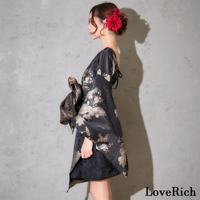 LoveRich ラブリッチ 【2点セット】和柄 鶴柄 花柄アシンメトリー ミニ 豪華 帯 花魁 着物 ドレス コスプレ ハロウィン キャバドレス [1377]_10