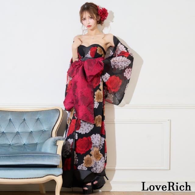LoveRich ラブリッチ 【2WAY/3点セット】ボレロ付き 花柄 シフォン ベアトップ 豪華 帯 花魁 着物 ドレス コスプレ ハロウィン キャバドレス [0977]_1