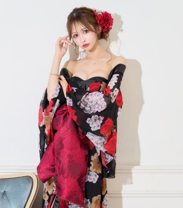 LoveRich ラブリッチ 【2WAY/3点セット】ボレロ付き 花柄 シフォン ベアトップ 豪華 帯 花魁 着物 ドレス コスプレ ハロウィン キャバドレス [0977]_2