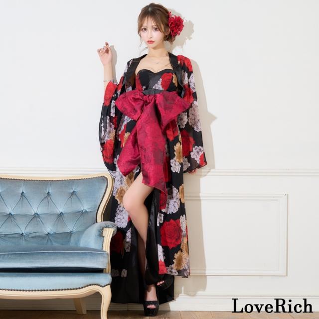 LoveRich ラブリッチ 【2WAY/3点セット】ボレロ付き 花柄 シフォン ベアトップ 豪華 帯 花魁 着物 ドレス コスプレ ハロウィン キャバドレス [0977]_4
